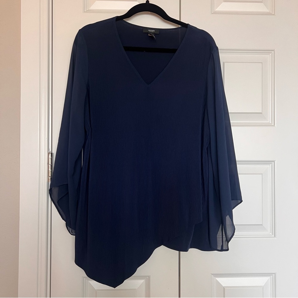 Alfani Ribbed Front Navy V-Neck Blouse